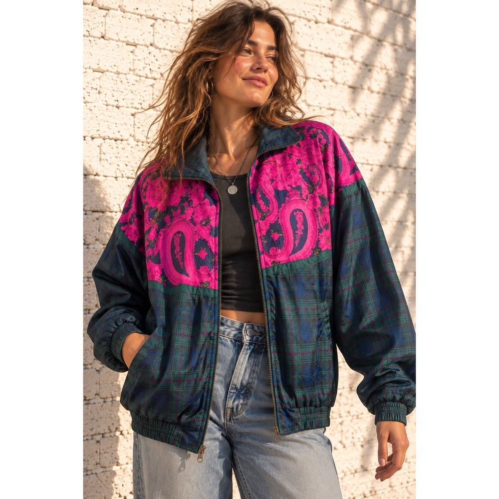 Vintage Westbound Pink Green Plaid Floral Paisley Windbreaker Jacket 90s 80s M